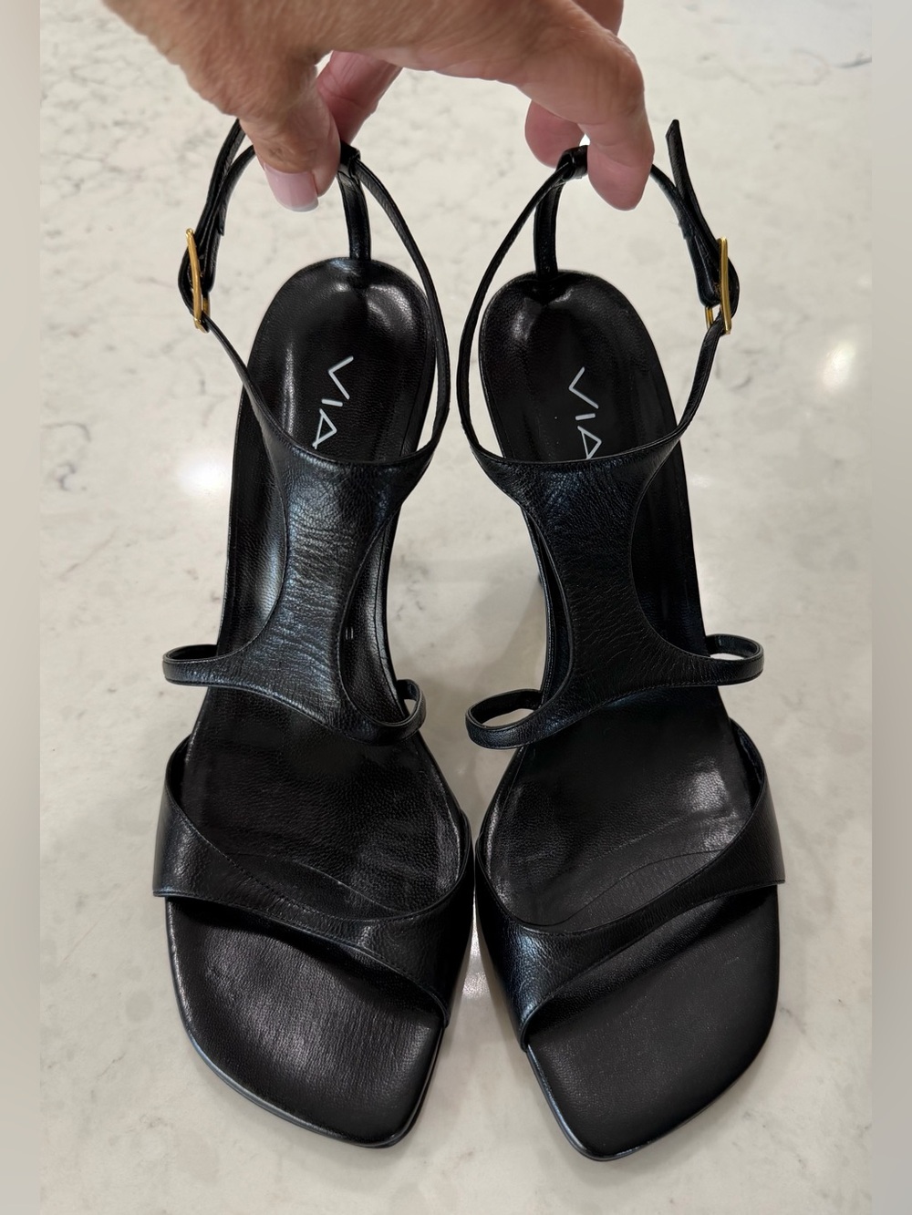 Black Leather T-Strap 4 inch Heel Sandals